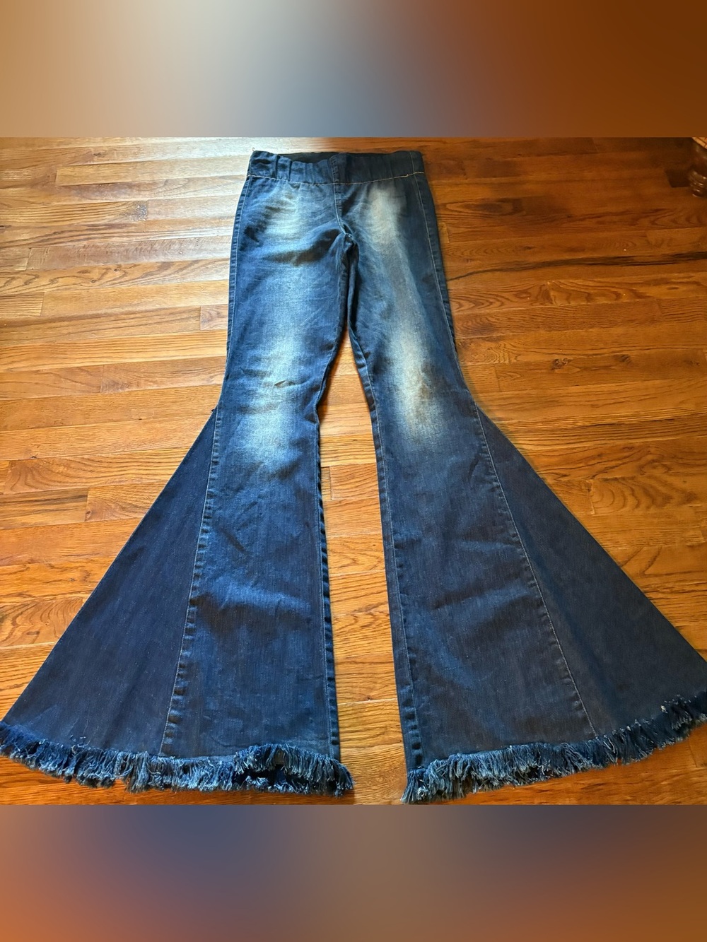 Judith March High Rise Pull-On Boho Bell Bottom Jeans w/Aztec Pockets, Size M